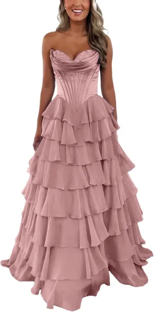 WIOJEIGO Satin Prom Dresses for Women Long 2025 with Slit Sweetheart Ball Gown Chiffon Ruffles Quinceanera Dresses