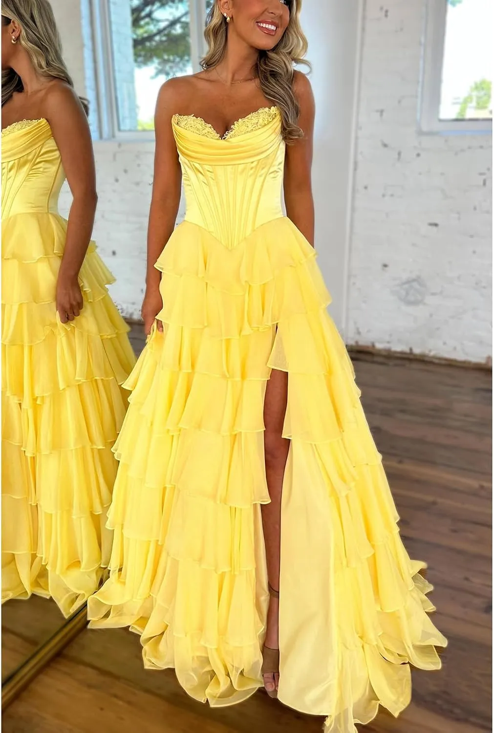 WIOJEIGO Satin Prom Dresses for Women Long 2025 with Slit Sweetheart Ball Gown Chiffon Ruffles Quinceanera Dresses