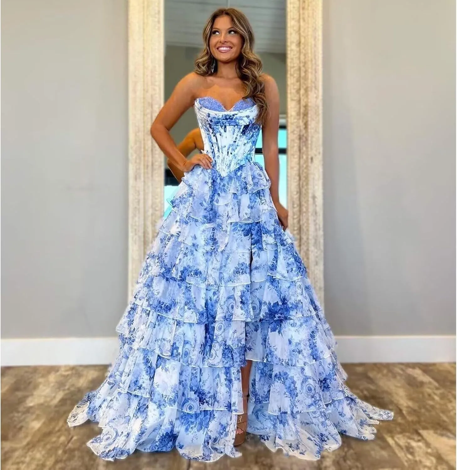 WIOJEIGO Satin Prom Dresses for Women Long 2025 with Slit Sweetheart Ball Gown Chiffon Ruffles Quinceanera Dresses