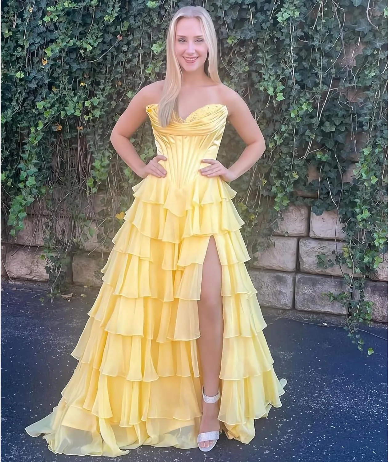 WIOJEIGO Satin Prom Dresses for Women Long 2025 with Slit Sweetheart Ball Gown Chiffon Ruffles Quinceanera Dresses