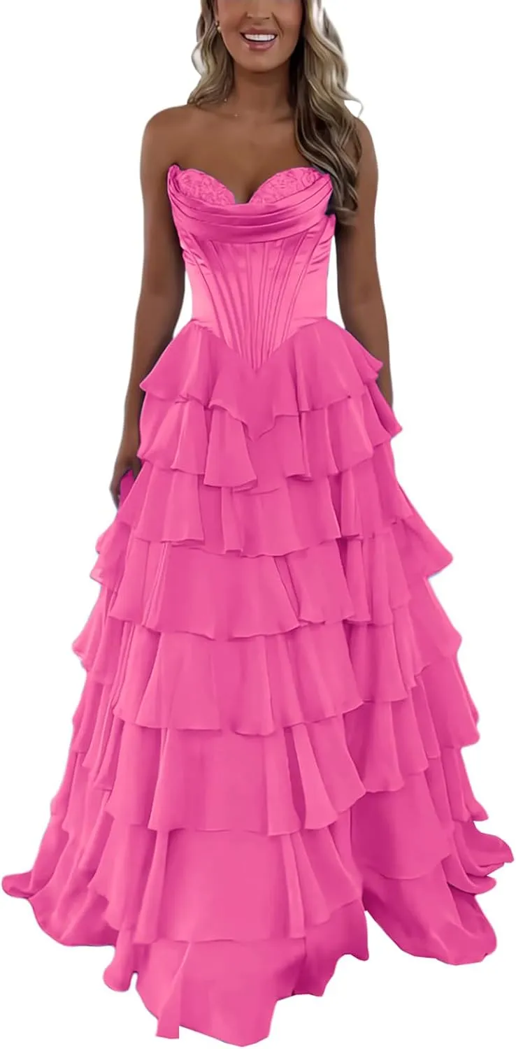 WIOJEIGO Satin Prom Dresses for Women Long 2025 with Slit Sweetheart Ball Gown Chiffon Ruffles Quinceanera Dresses