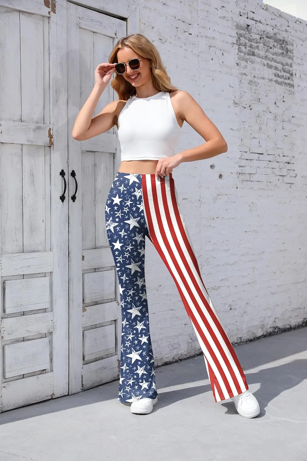 Women 4th of July Bell Bottom High Waisted Patriotic Flare Leggings Pants Print American Flag