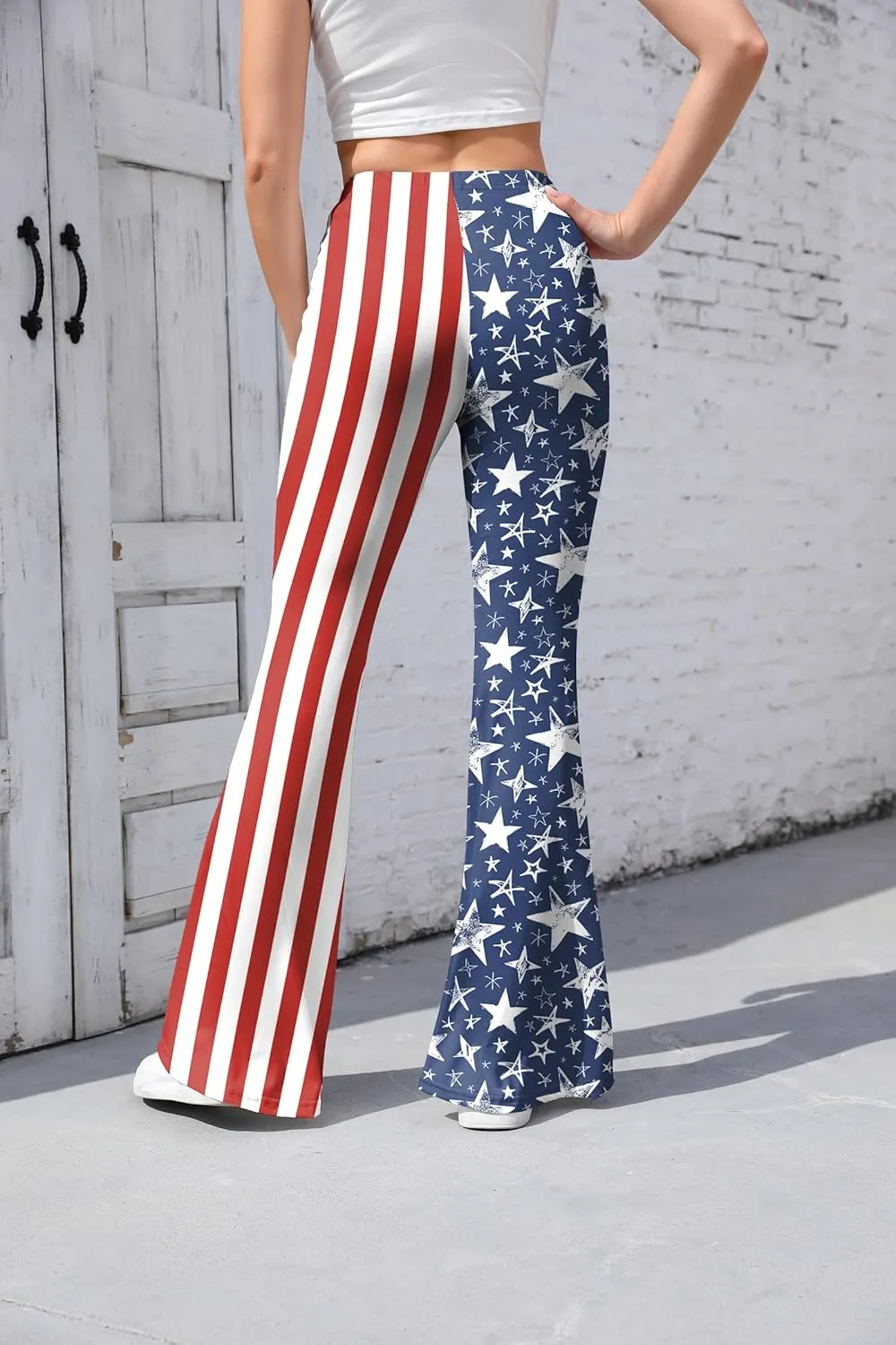 Women 4th of July Bell Bottom High Waisted Patriotic Flare Leggings Pants Print American Flag