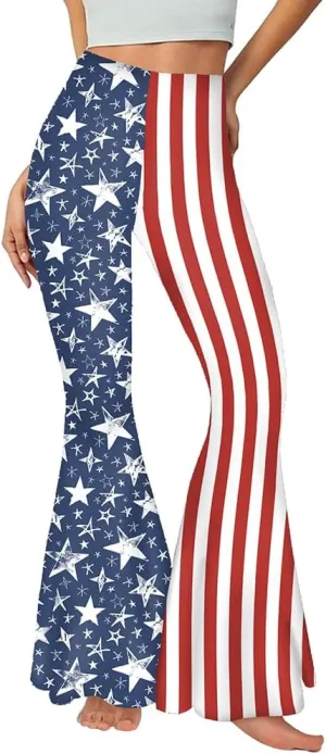 Women 4th of July Bell Bottom High Waisted Patriotic Flare Leggings Pants Print American Flag