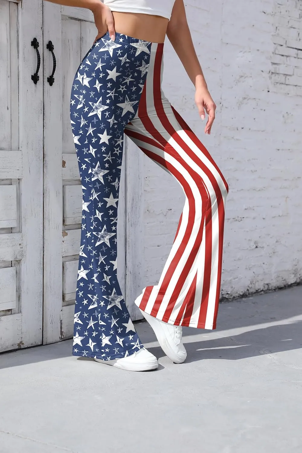 Women 4th of July Bell Bottom High Waisted Patriotic Flare Leggings Pants Print American Flag