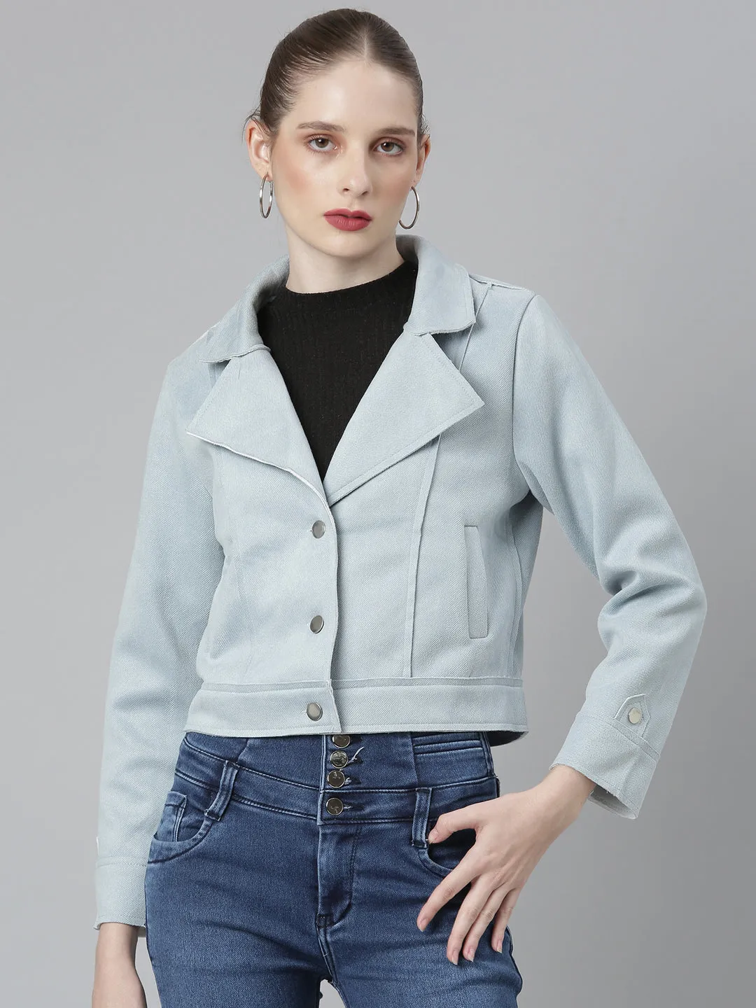 Women Blue Suede Crop Tailored Jacket