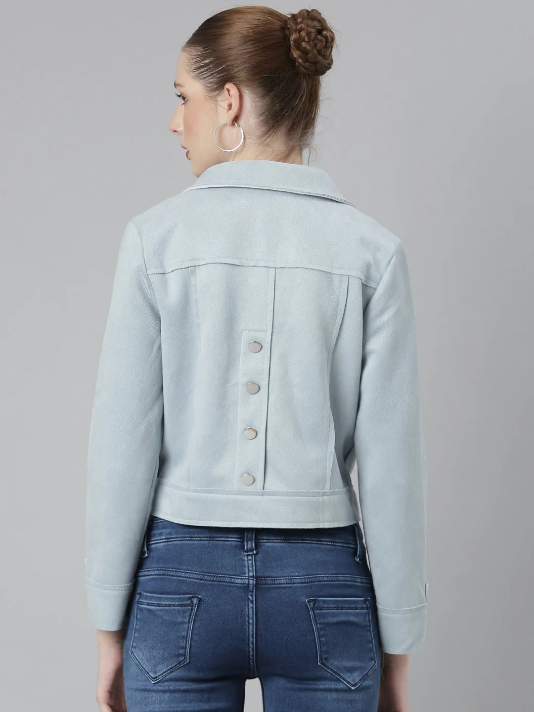 Women Blue Suede Crop Tailored Jacket