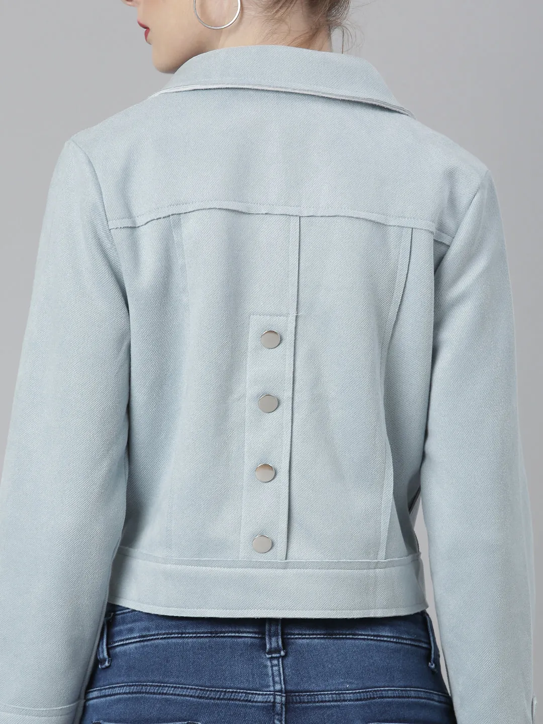 Women Blue Suede Crop Tailored Jacket