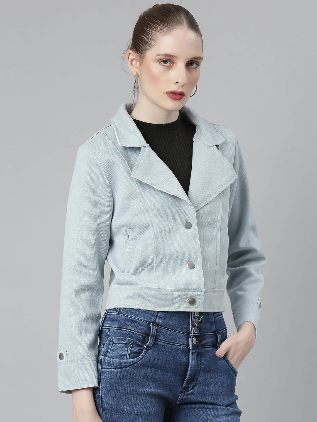 Women Blue Suede Crop Tailored Jacket