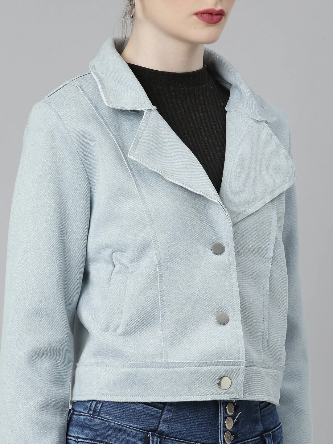 Women Blue Suede Crop Tailored Jacket