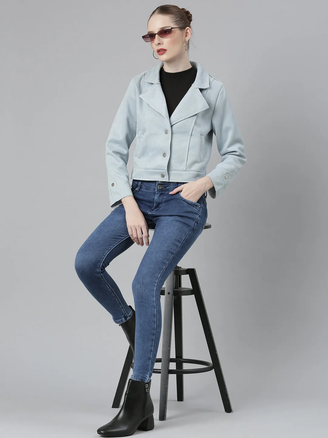 Women Blue Suede Crop Tailored Jacket