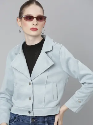 Women Blue Suede Crop Tailored Jacket
