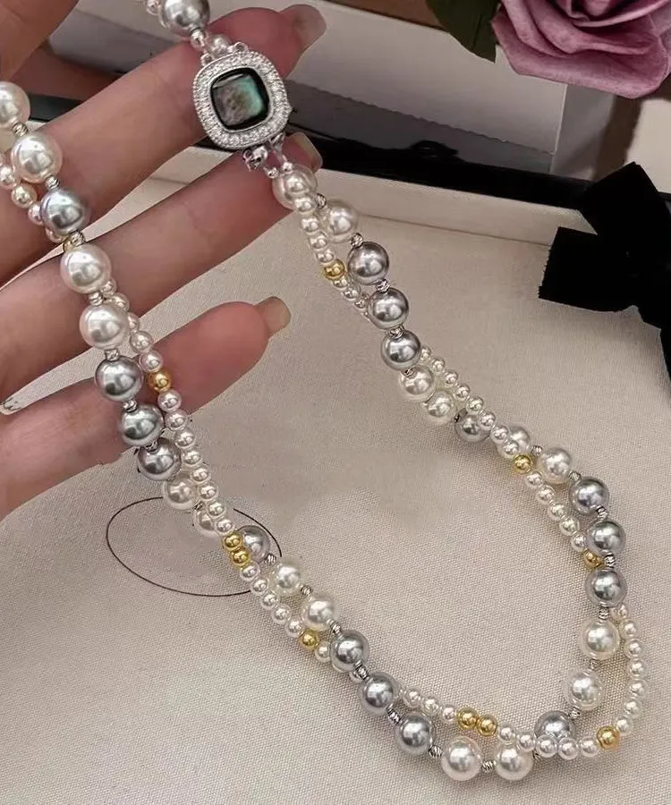 Women Colorblock Sterling Silver Zircon Double Layer Pearl Square Gratuated Bead Necklace WQ025