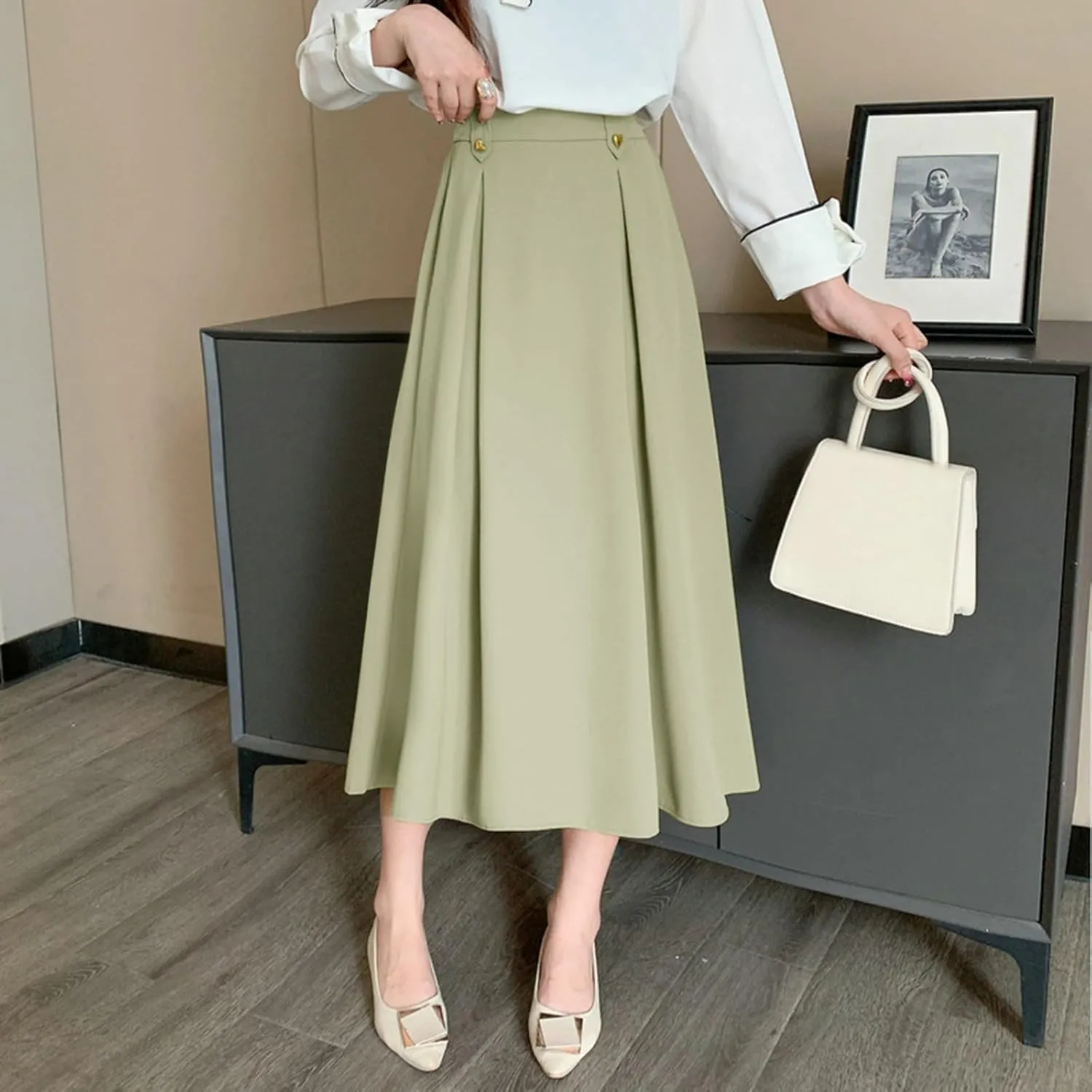 Women Fashion Casual Mid Length Suit Skirt A Line High Waisted Pleated Skirt Daily Long Leather Skirts for Women