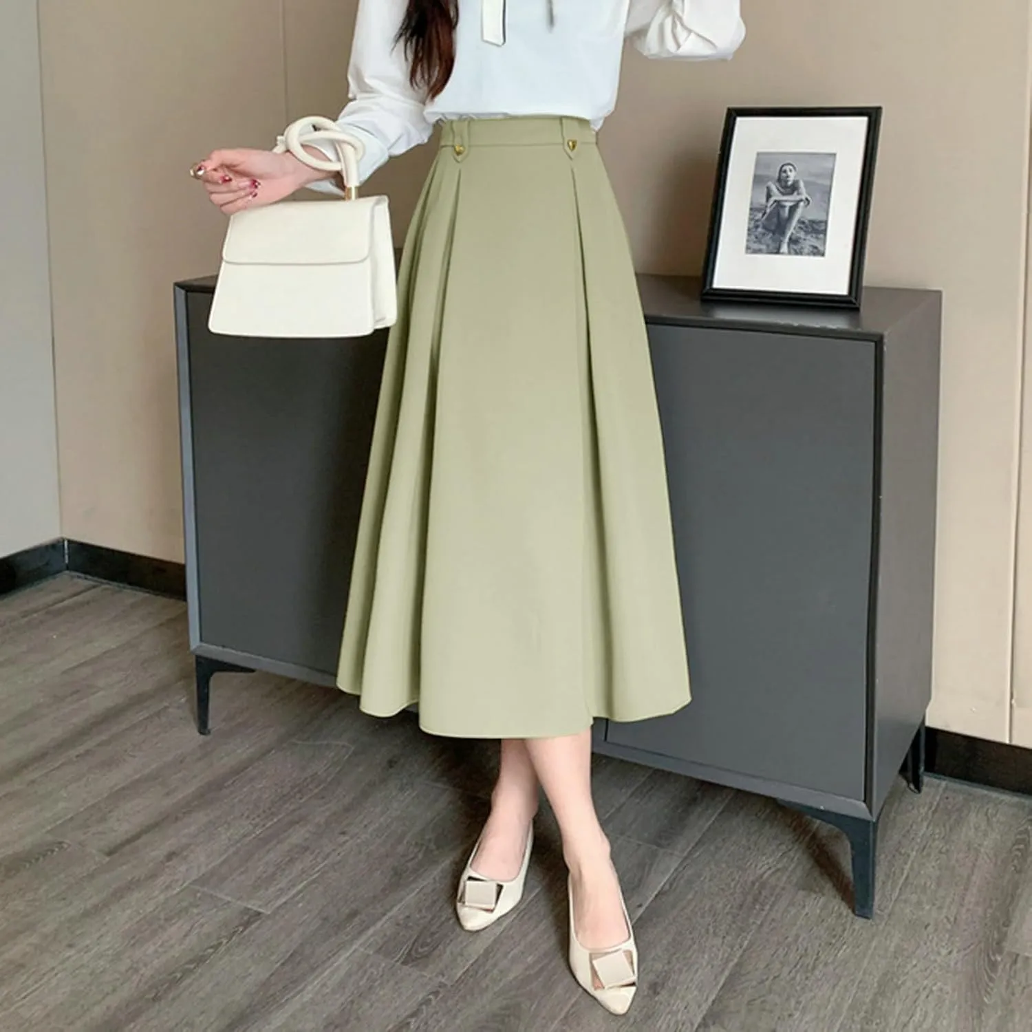 Women Fashion Casual Mid Length Suit Skirt A Line High Waisted Pleated Skirt Daily Long Leather Skirts for Women