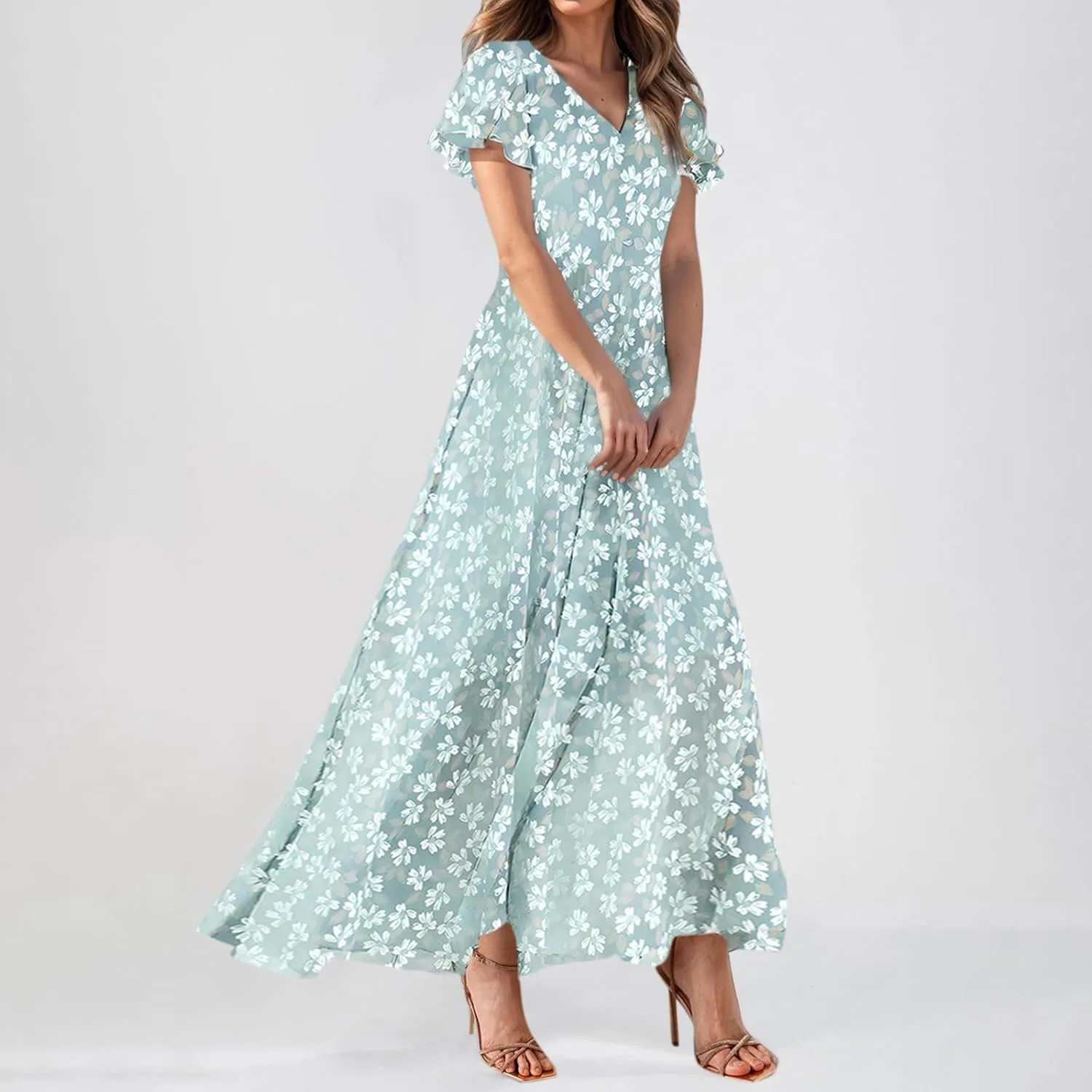 Women Floral Maxi Dress V Neck Flutter Sleeve Long Flowy Chiffon Dresses Casual Summer A Line Beach Vacation Dresses