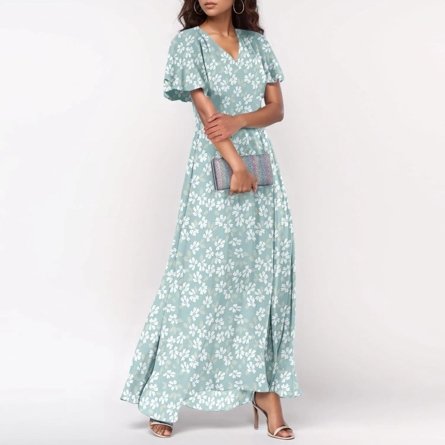 Women Floral Maxi Dress V Neck Flutter Sleeve Long Flowy Chiffon Dresses Casual Summer A Line Beach Vacation Dresses