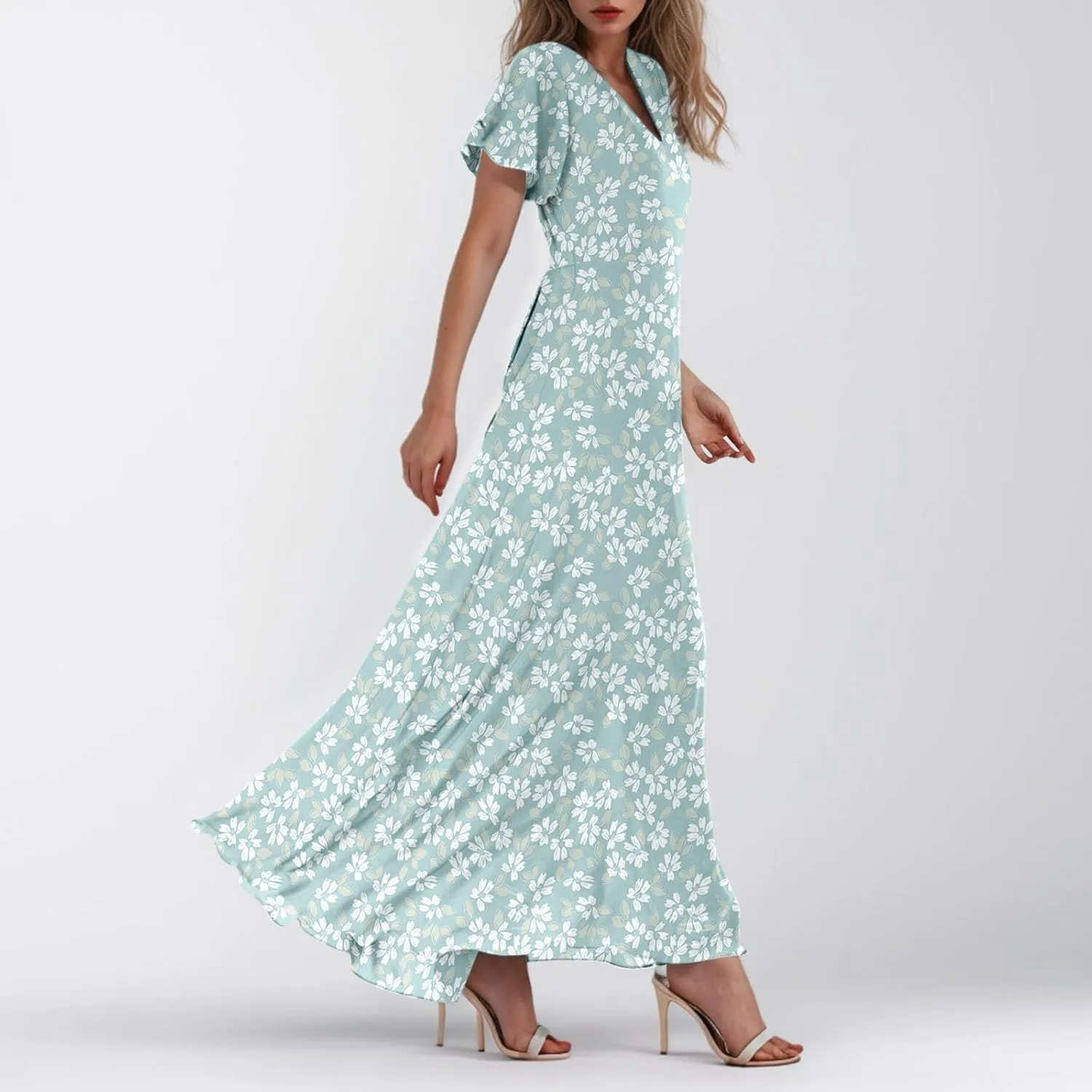 Women Floral Maxi Dress V Neck Flutter Sleeve Long Flowy Chiffon Dresses Casual Summer A Line Beach Vacation Dresses