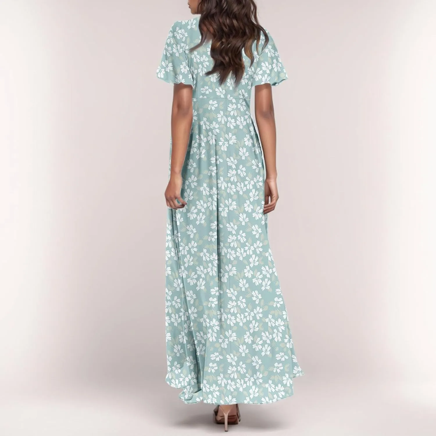 Women Floral Maxi Dress V Neck Flutter Sleeve Long Flowy Chiffon Dresses Casual Summer A Line Beach Vacation Dresses