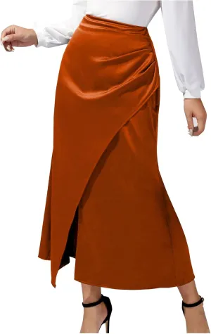 Women Silk Satin Maxi Skirt Trendy Asymmetrical Split Slit Ruched Bodycon Midi Skirt Elegant Party A-Line Wrap Skirt
