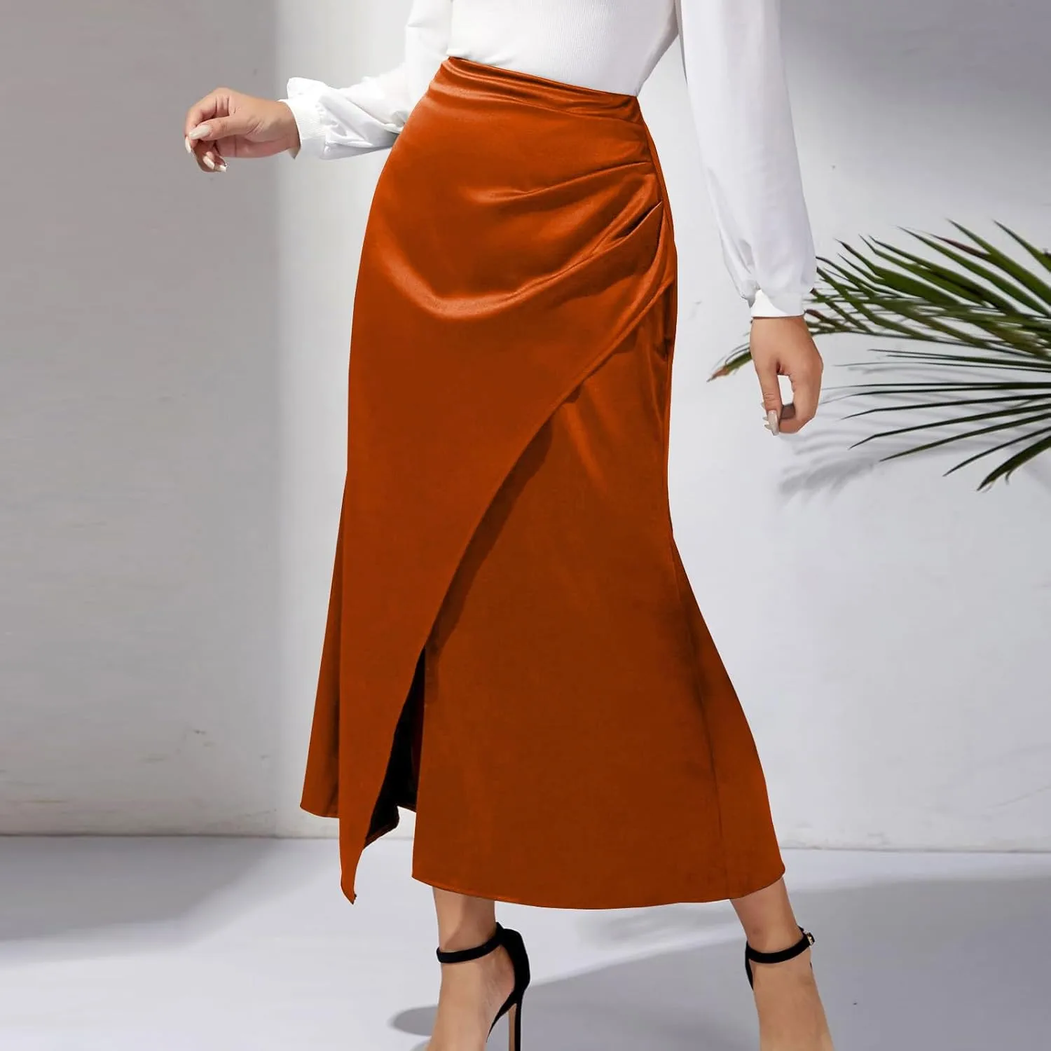 Women Silk Satin Maxi Skirt Trendy Asymmetrical Split Slit Ruched Bodycon Midi Skirt Elegant Party A-Line Wrap Skirt