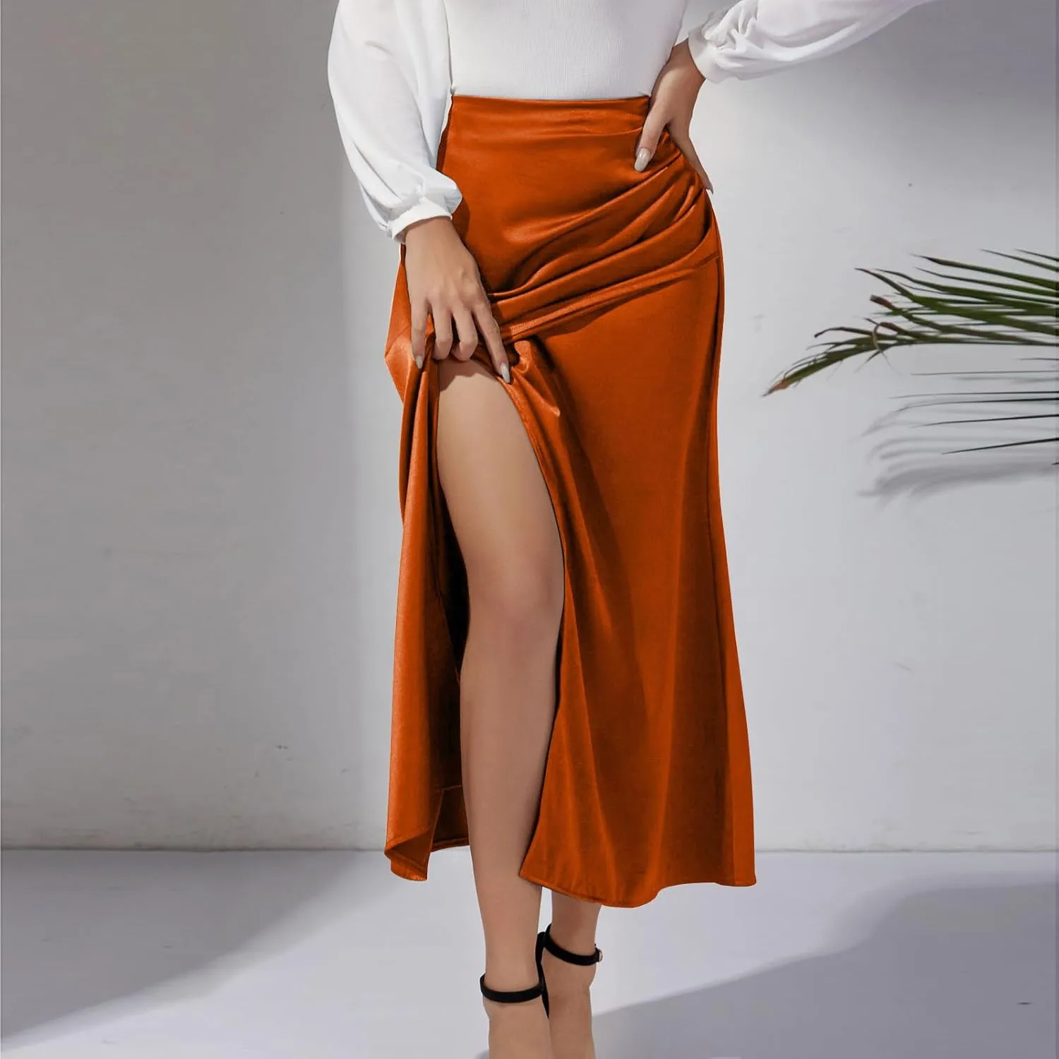 Women Silk Satin Maxi Skirt Trendy Asymmetrical Split Slit Ruched Bodycon Midi Skirt Elegant Party A-Line Wrap Skirt
