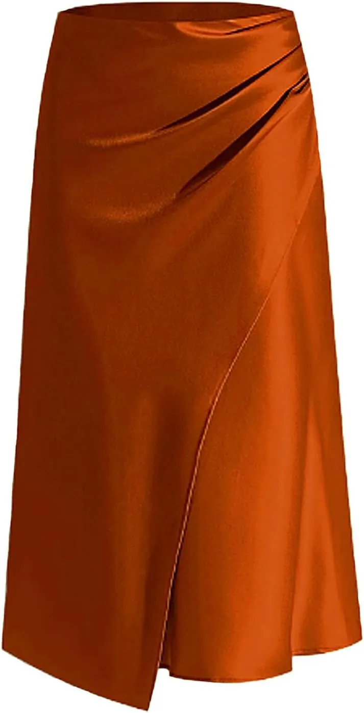 Women Silk Satin Maxi Skirt Trendy Asymmetrical Split Slit Ruched Bodycon Midi Skirt Elegant Party A-Line Wrap Skirt