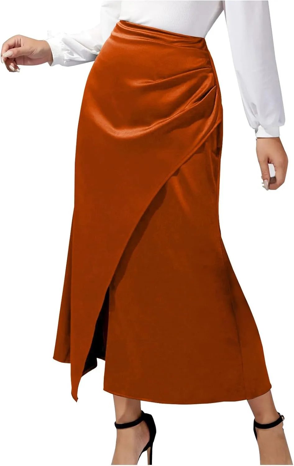 Women Silk Satin Maxi Skirt Trendy Asymmetrical Split Slit Ruched Bodycon Midi Skirt Elegant Party A-Line Wrap Skirt