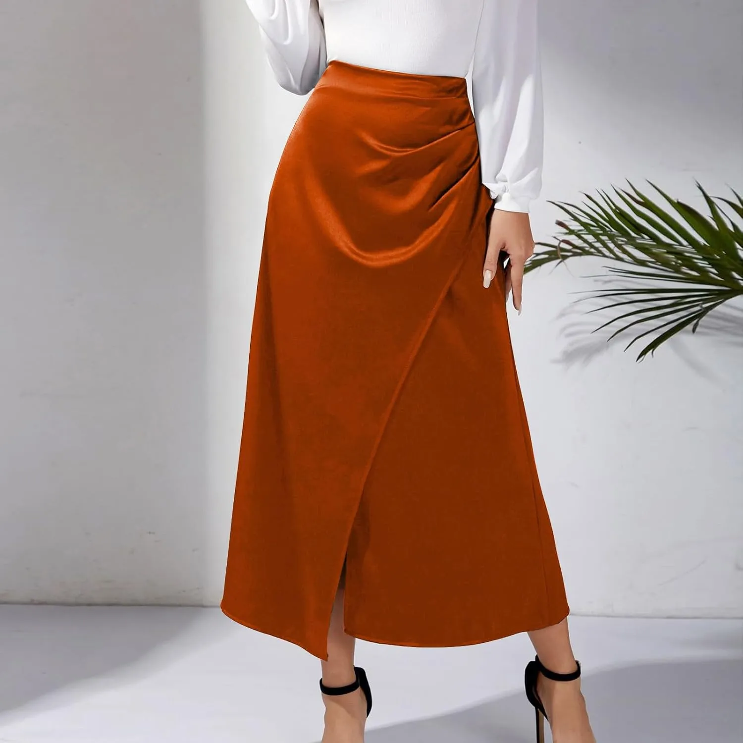 Women Silk Satin Maxi Skirt Trendy Asymmetrical Split Slit Ruched Bodycon Midi Skirt Elegant Party A-Line Wrap Skirt