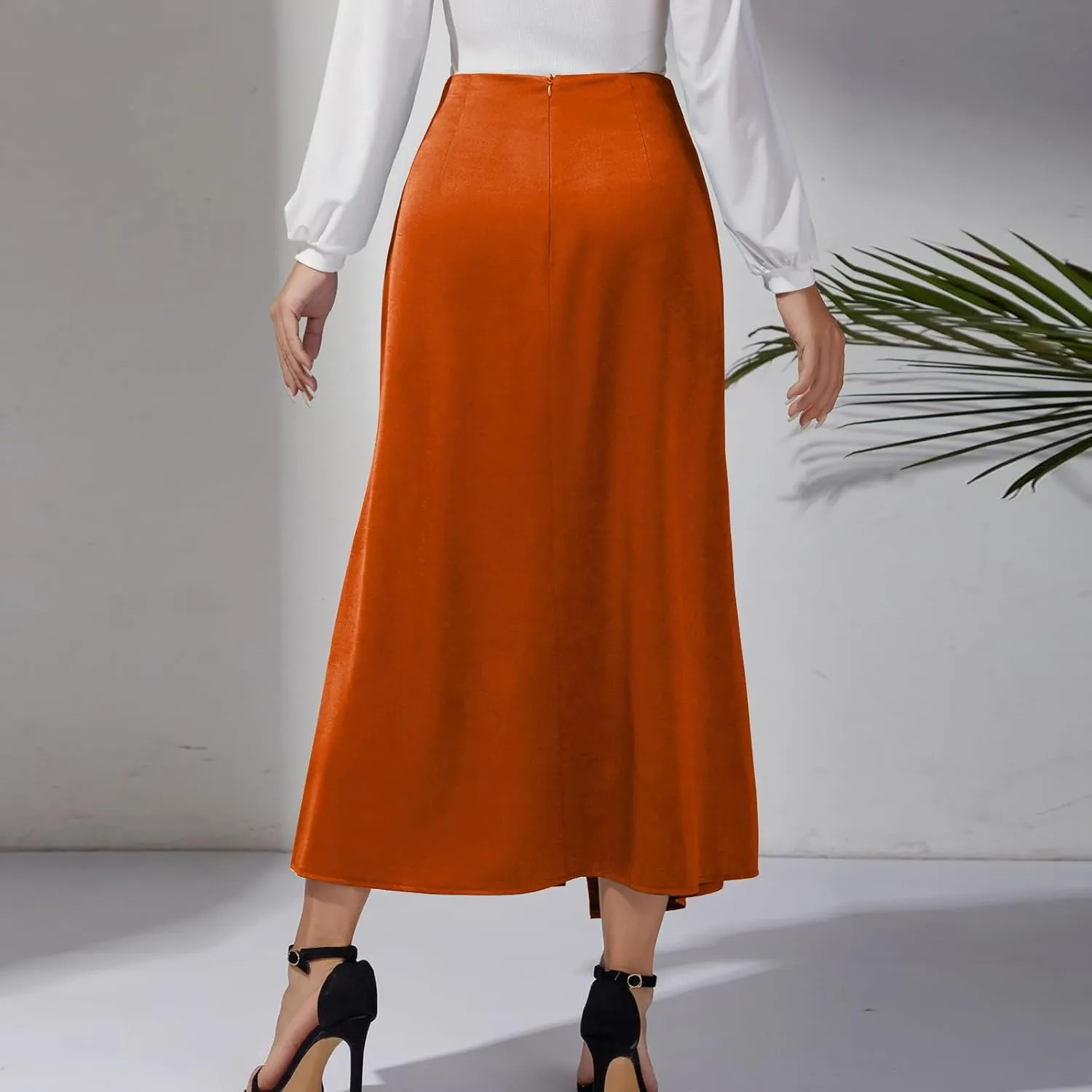 Women Silk Satin Maxi Skirt Trendy Asymmetrical Split Slit Ruched Bodycon Midi Skirt Elegant Party A-Line Wrap Skirt