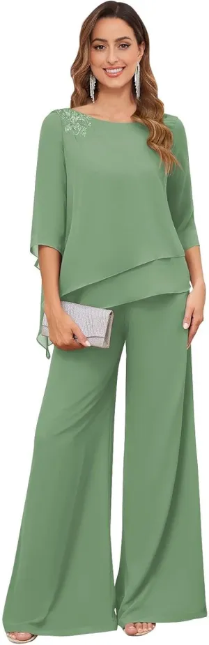 Women's 2PC Mother of The Bride Pants Suits for Wedding Lace Appliqued Chiffon Formal Outfit