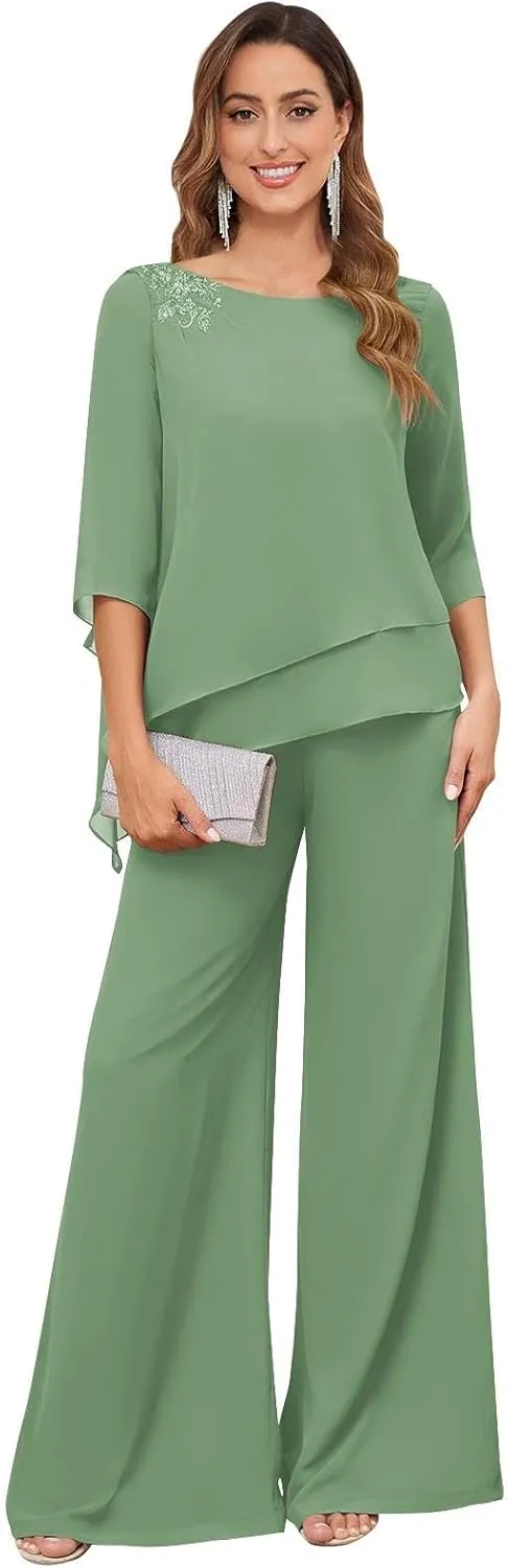 Women's 2PC Mother of The Bride Pants Suits for Wedding Lace Appliqued Chiffon Formal Outfit