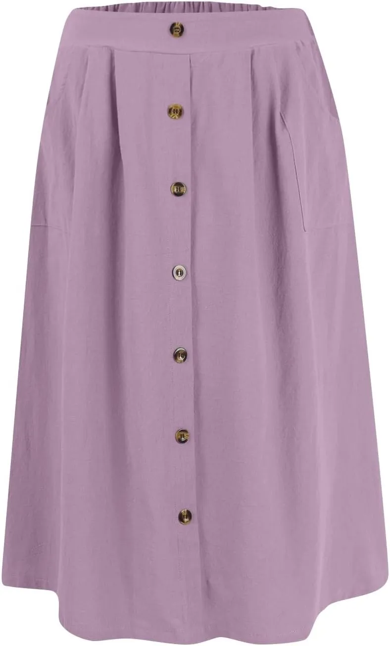 Womens A Line Midi Skirt Vintage Front Button Swing Skirts Summer High Waisted Pleated Midi Skirt with Pockets