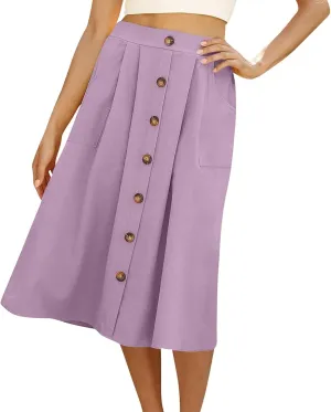 Womens A Line Midi Skirt Vintage Front Button Swing Skirts Summer High Waisted Pleated Midi Skirt with Pockets