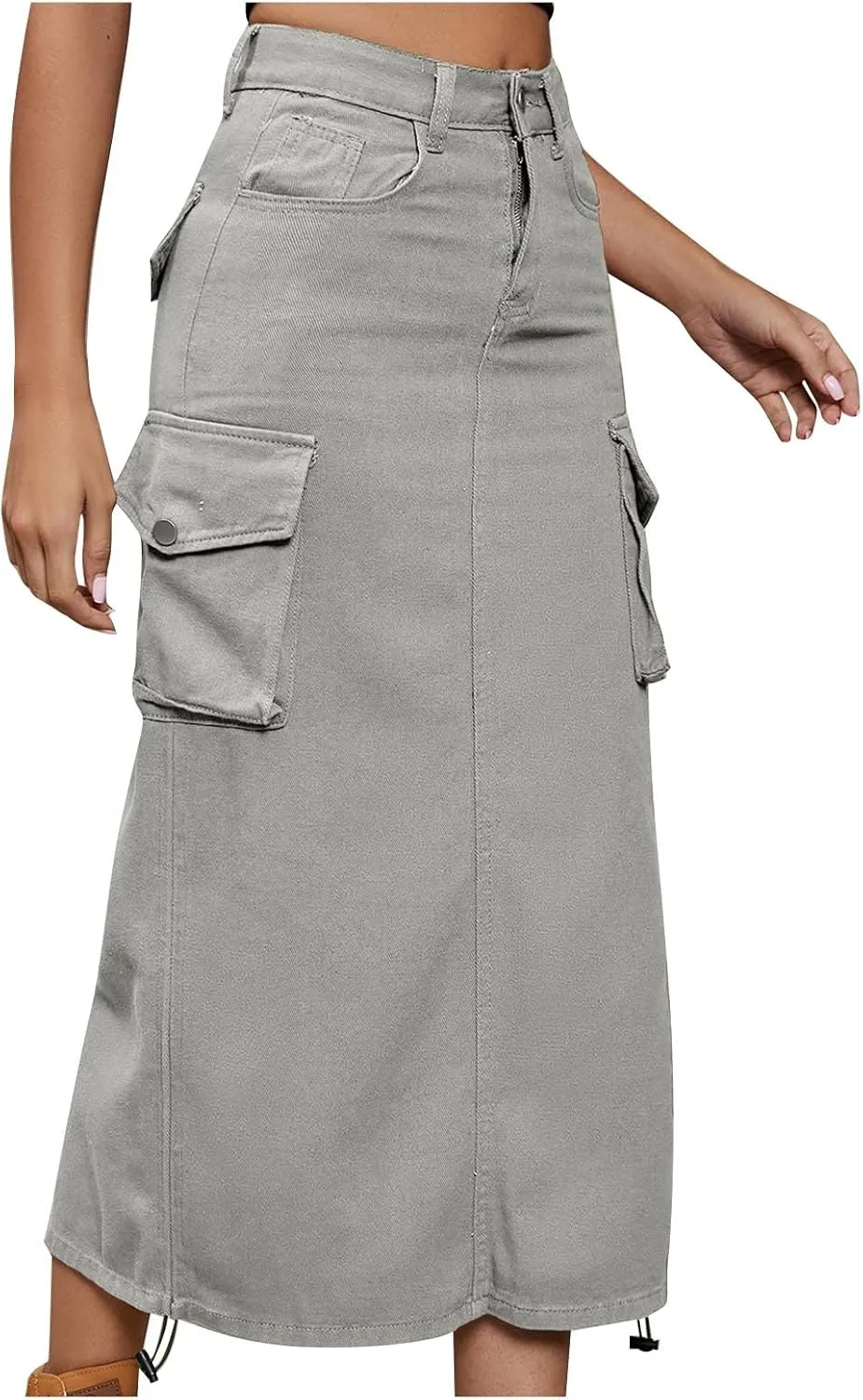Womens Cargo Denim Maxi Skirt Trendy High Waist A-Line Frayed Drawstring Hem Fashion Long Jean Skirt Y2K Streetwear