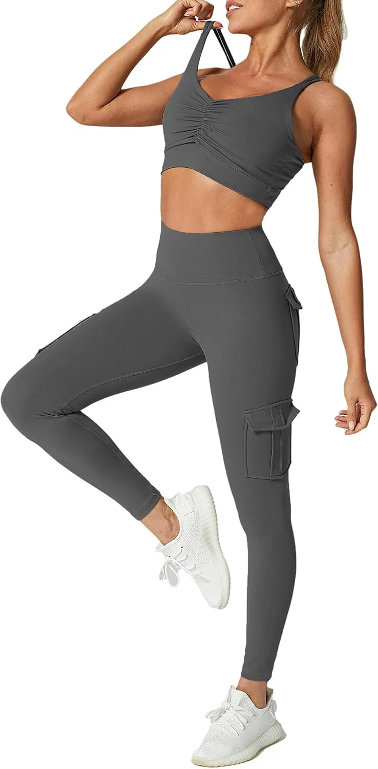 Women's Cargo Yoga Leggings with 4 Pockets High Waisted Tummy Control Stretch Workout Pants Gym Tights
