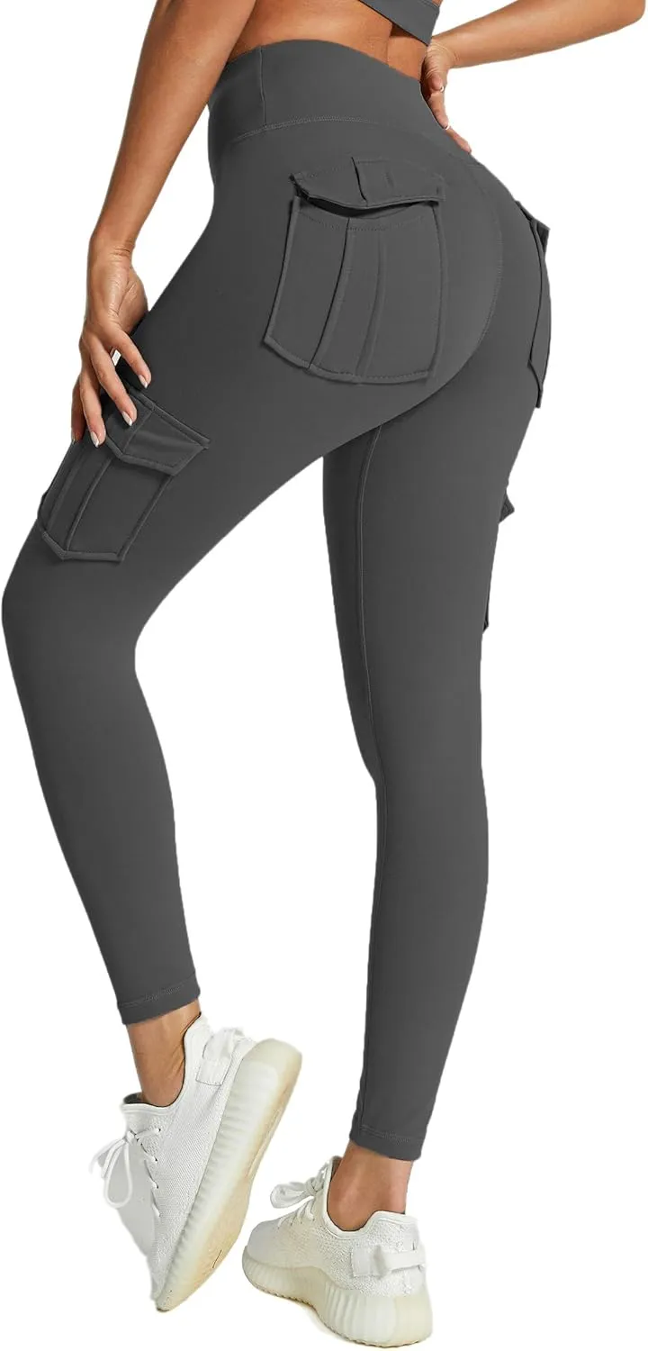 Women's Cargo Yoga Leggings with 4 Pockets High Waisted Tummy Control Stretch Workout Pants Gym Tights