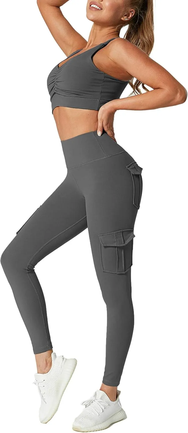 Women's Cargo Yoga Leggings with 4 Pockets High Waisted Tummy Control Stretch Workout Pants Gym Tights