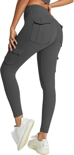 Women's Cargo Yoga Leggings with 4 Pockets High Waisted Tummy Control Stretch Workout Pants Gym Tights