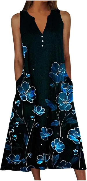 Womens Casual Floral Print Midi Dress Button V Neck Sleeveless Tank Dresses Summer Flowy Boho Beach Party Sundress