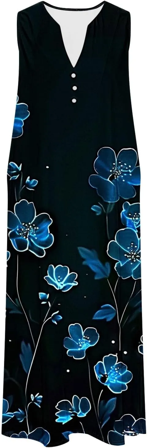 Womens Casual Floral Print Midi Dress Button V Neck Sleeveless Tank Dresses Summer Flowy Boho Beach Party Sundress