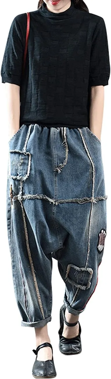Women's Casual Harem Jeans Elastic Waist Denim Pants Trousers
