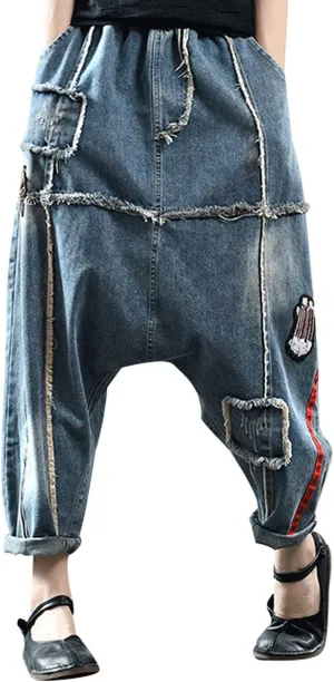 Women's Casual Harem Jeans Elastic Waist Denim Pants Trousers