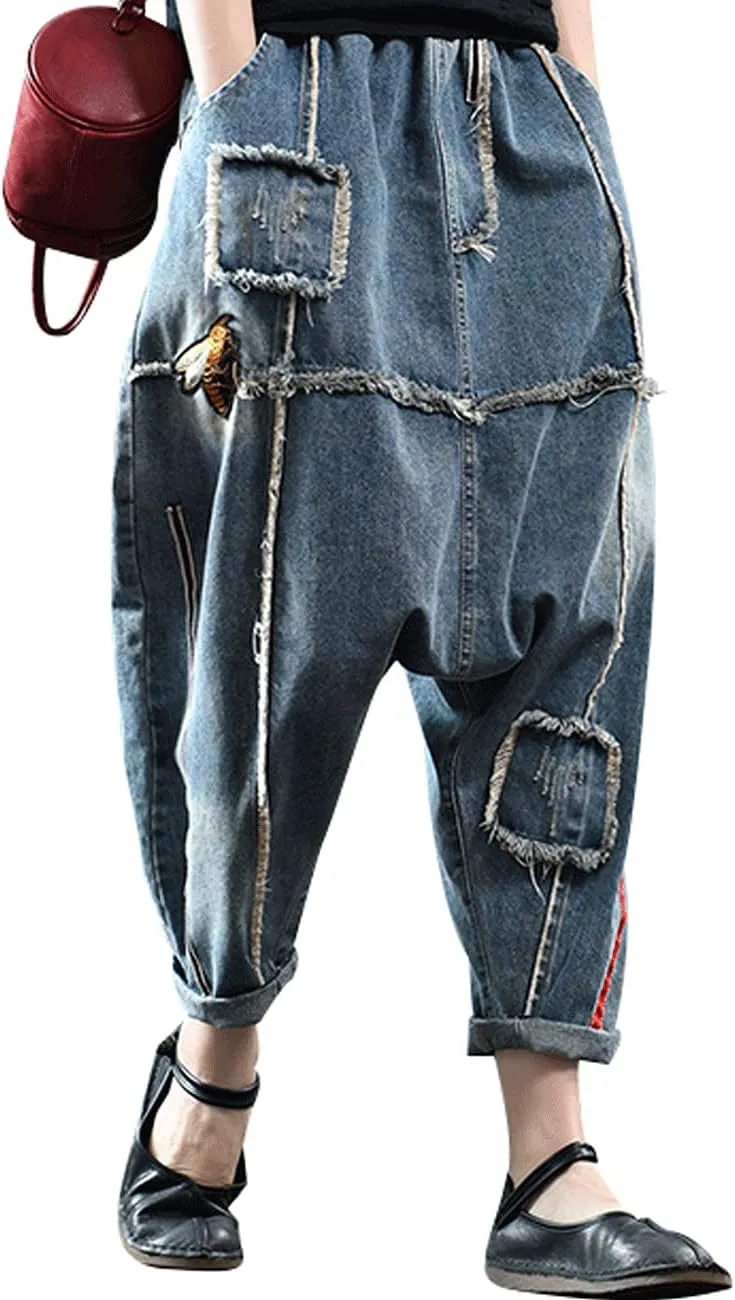 Women's Casual Harem Jeans Elastic Waist Denim Pants Trousers