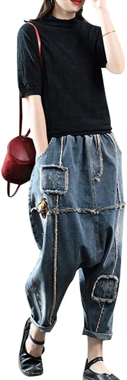 Women's Casual Harem Jeans Elastic Waist Denim Pants Trousers