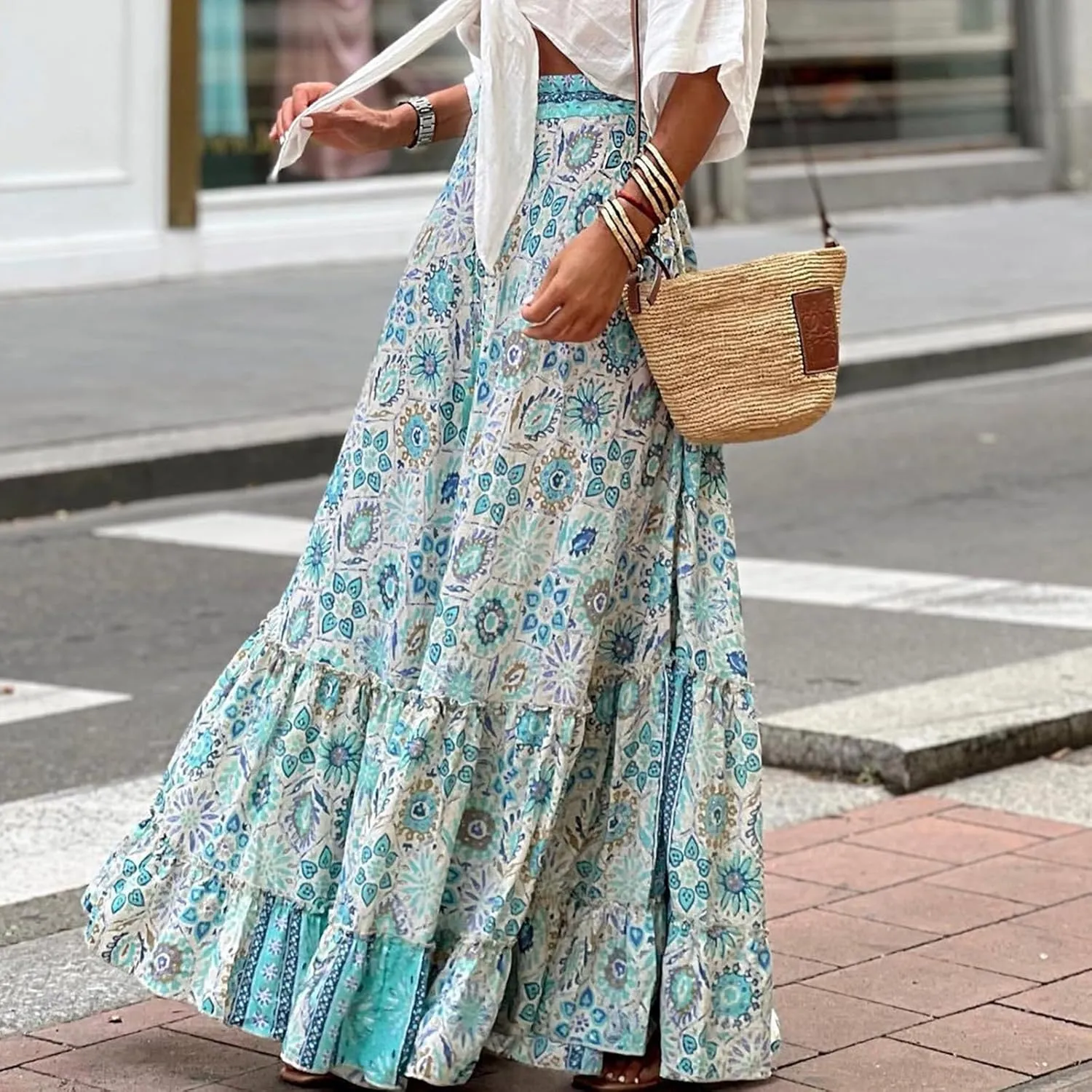 Womens Casual High Waist Maxi Skirts Summer Pleated Flowy Long Skirts Beach Vacation A Line Skirts Holiday Beachwear