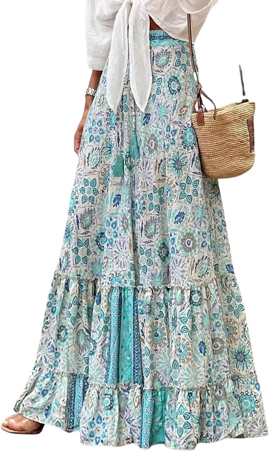 Womens Casual High Waist Maxi Skirts Summer Pleated Flowy Long Skirts Beach Vacation A Line Skirts Holiday Beachwear