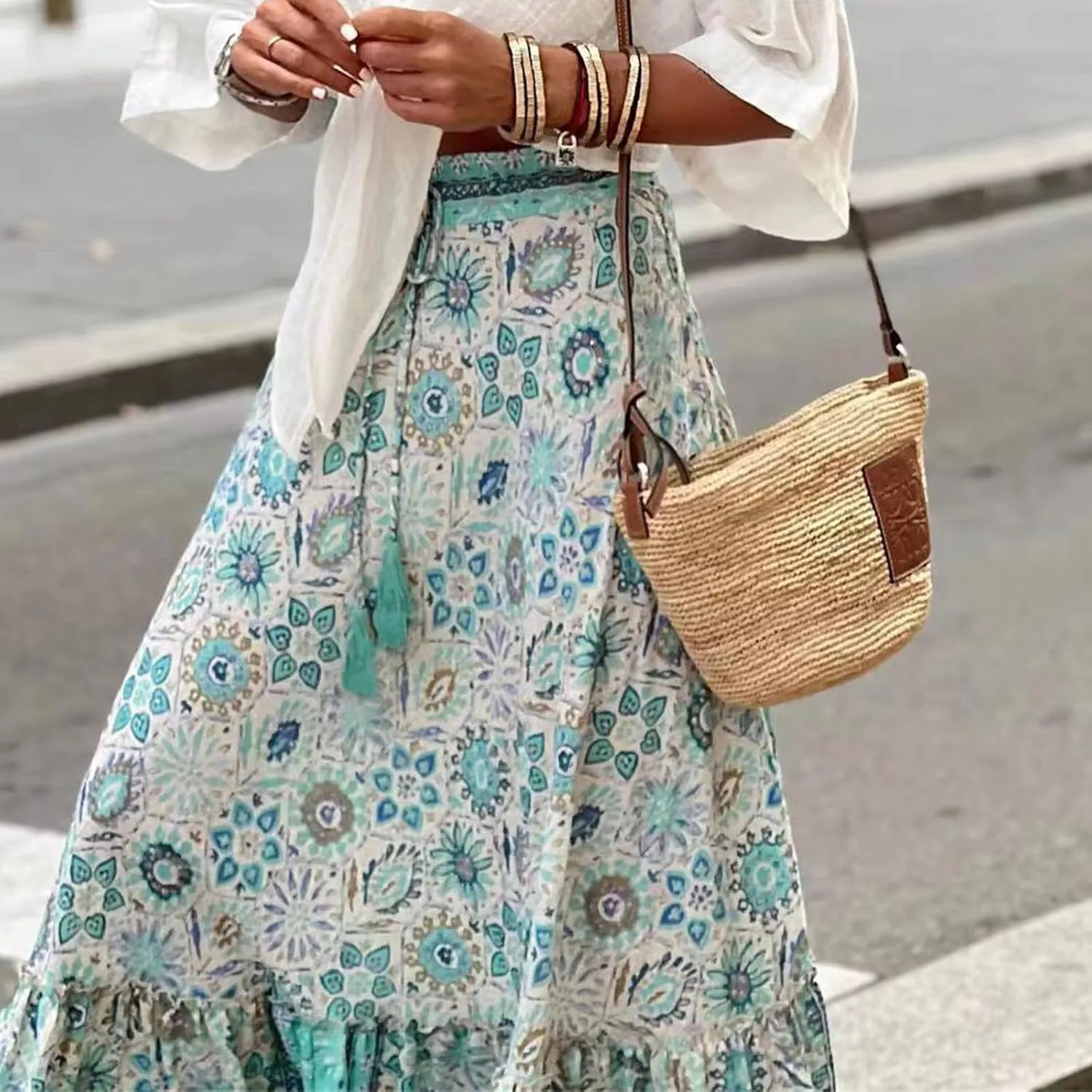 Womens Casual High Waist Maxi Skirts Summer Pleated Flowy Long Skirts Beach Vacation A Line Skirts Holiday Beachwear