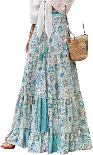 Womens Casual High Waist Maxi Skirts Summer Pleated Flowy Long Skirts Beach Vacation A Line Skirts Holiday Beachwear