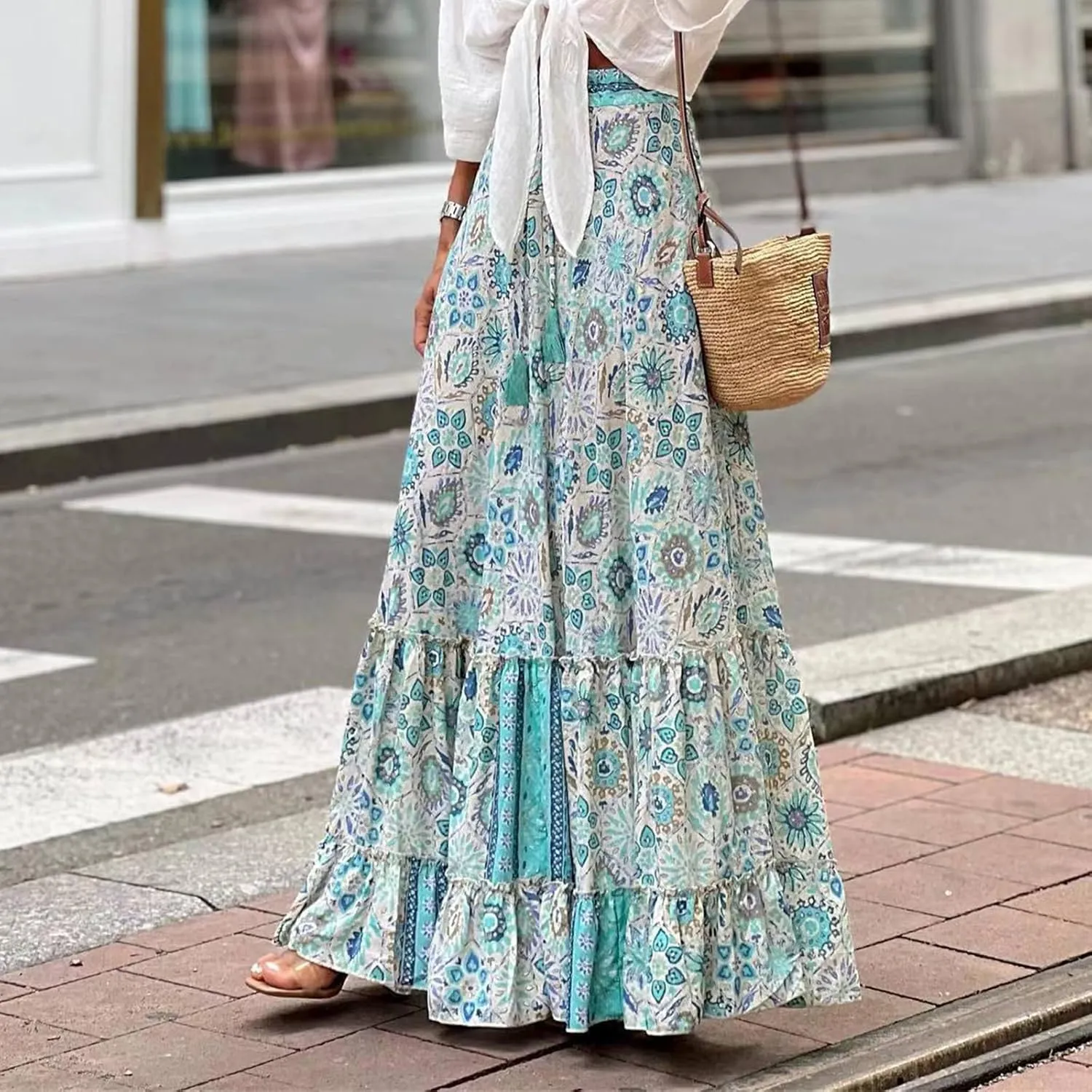 Womens Casual High Waist Maxi Skirts Summer Pleated Flowy Long Skirts Beach Vacation A Line Skirts Holiday Beachwear